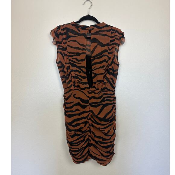 AllSaints Animal Print Hali Zephyr Chiffon Ruffle Cinched Mini Dress 6 - Picture 3 of 7